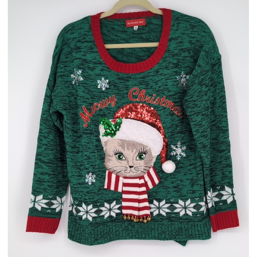 Blizzard Bay Meowy Christmas Cat Ugly Sweater Green Sequin Bells Medium
